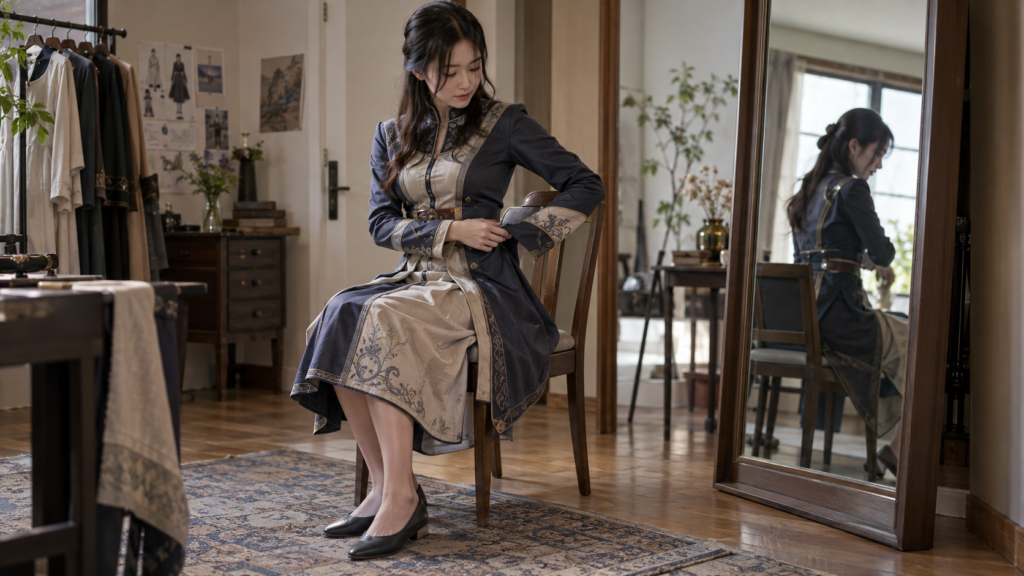 コスプレ衣装を着て椅子に座り袖や裾の位置を確かめる女性