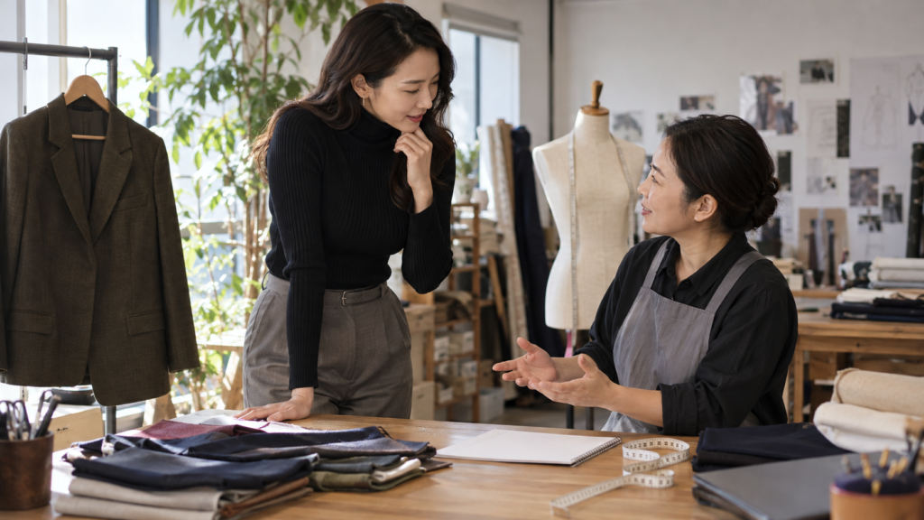 衣装と生地を前に寸法や制作について相談する女性