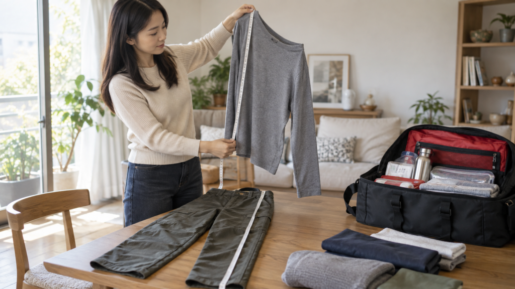 防災用に備える衣類の丈をメジャーで確認する女性