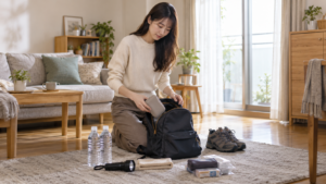 衣類や履物のサイズを確認しながら防災準備をする女性