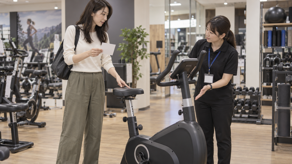 フィットネスバイクの条件を販売店のスタッフへ相談する女性のイメージ