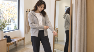 グレーのパーカーを着て袖口の位置を確認する女性のイメージ
