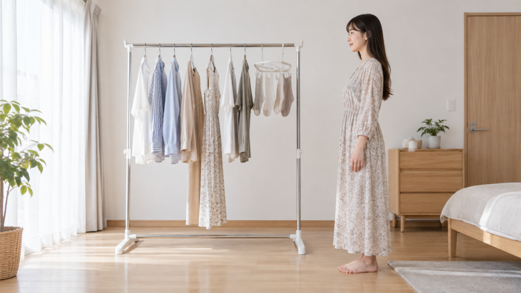 掛ける位置と長い服の裾まで見える室内物干し