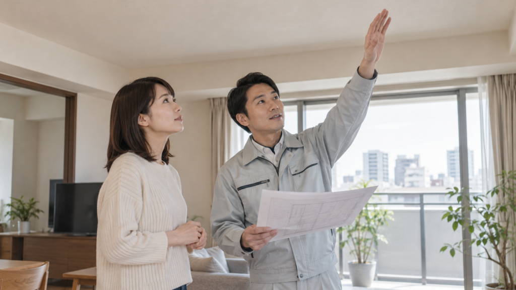 天井の物干しの設置場所を施工担当者と相談する様子