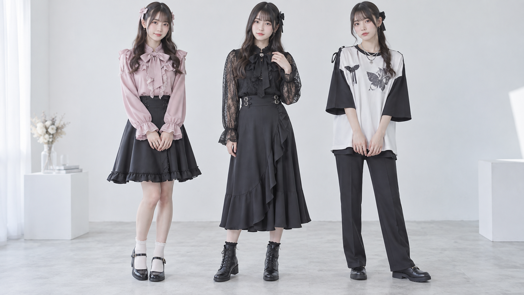 ピンクのブラウスとひざ丈スカート、黒いミモレ丈コーデ、Tシャツとパンツの三つの着こなし