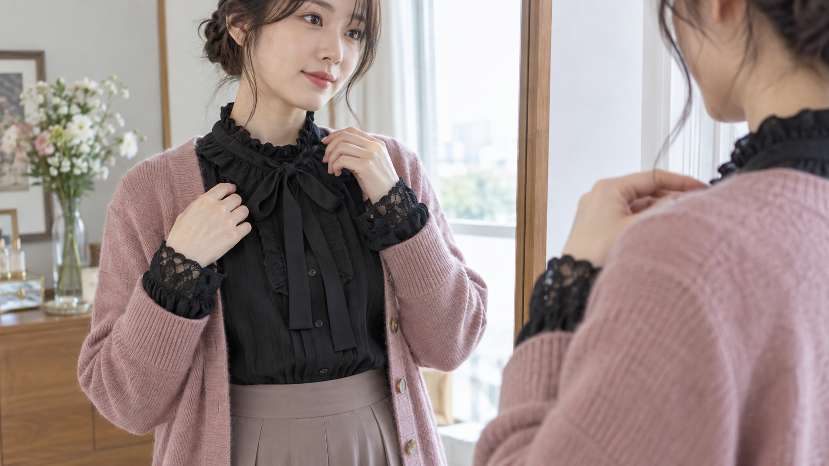 黒いレースブラウスにピンクのカーディガンを重ね、袖口を確認する成人女性