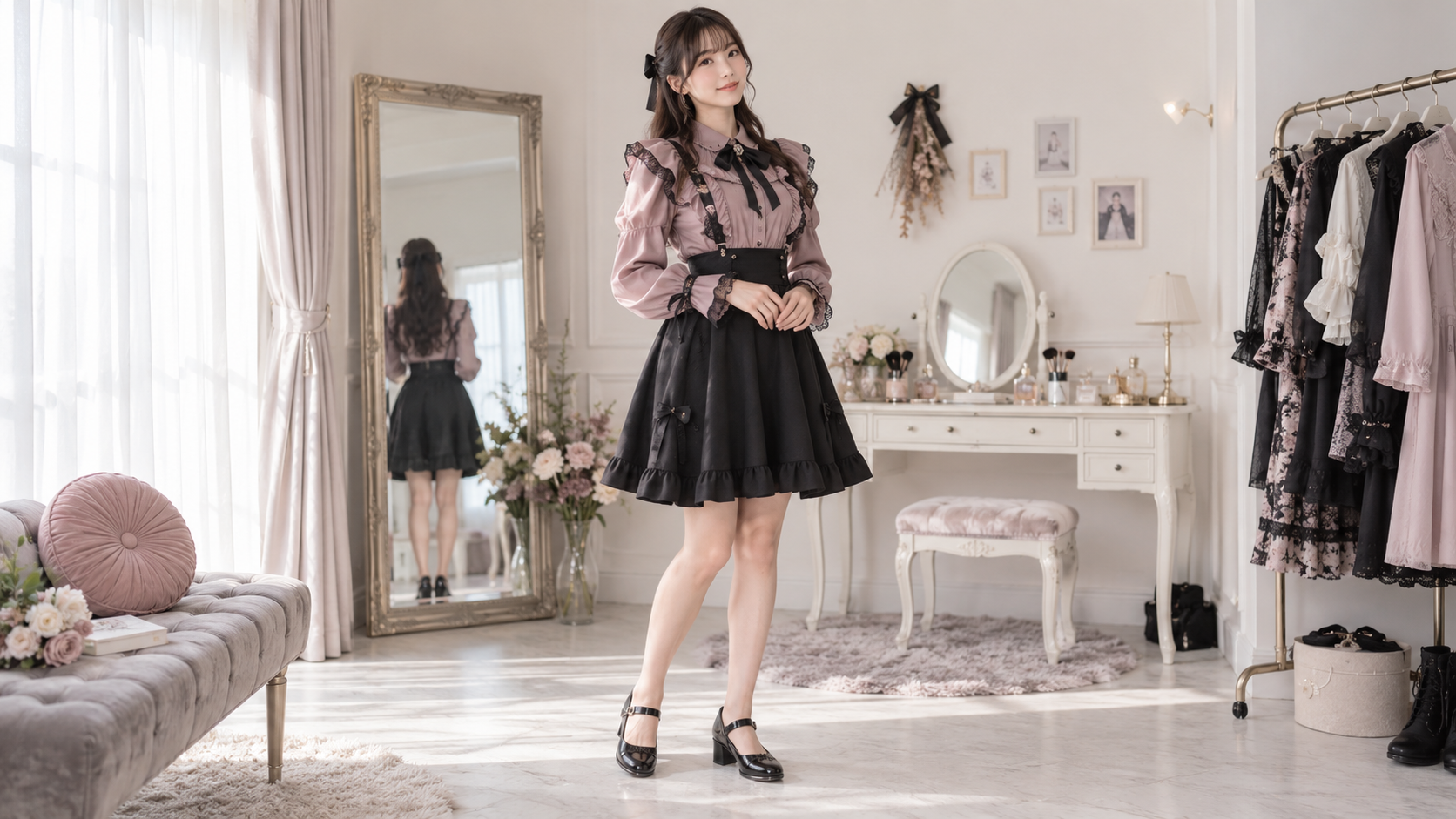 ピンクのフリルブラウスと黒いスカートを合わせた成人女性の地雷系コーデ