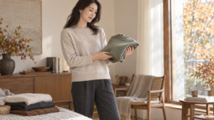 ニットの袖口と裾が見える女性が別のニットを手に持つイメージ