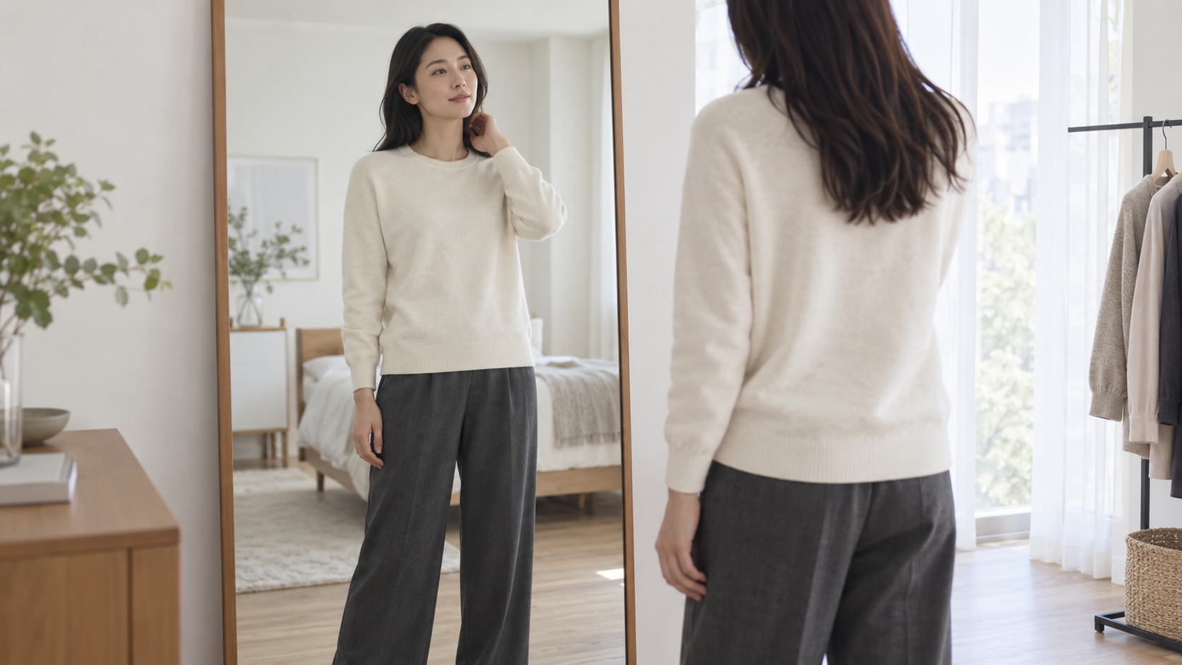 鏡の前でニットの肩と裾の位置を確認する女性