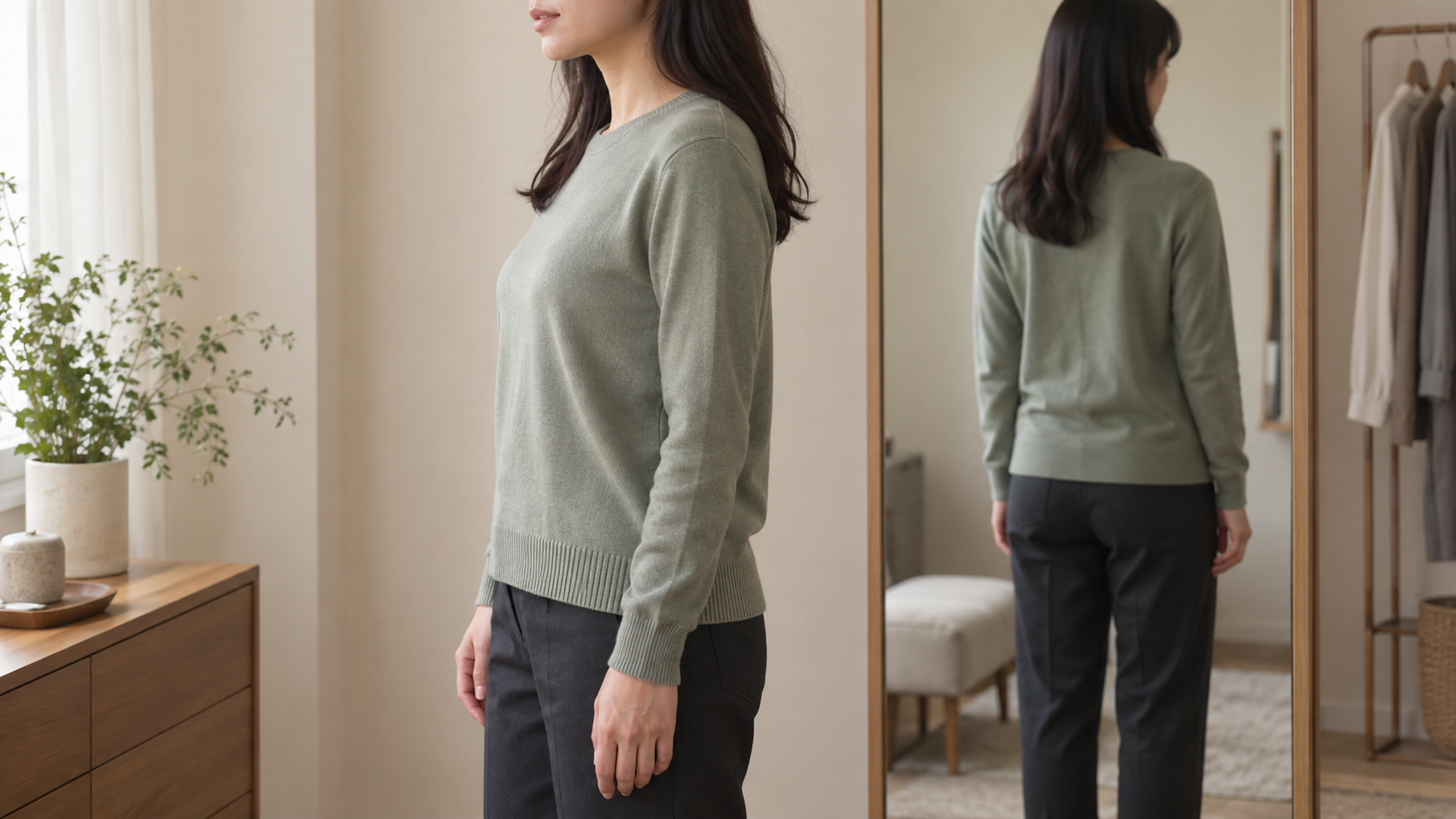 ニットの裾と袖口を横と後ろから確認するイメージ