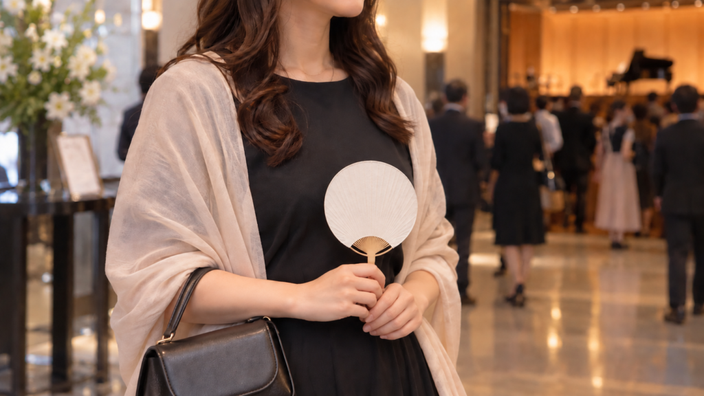 小さな応援グッズを胸元で持ち方を確認する手元