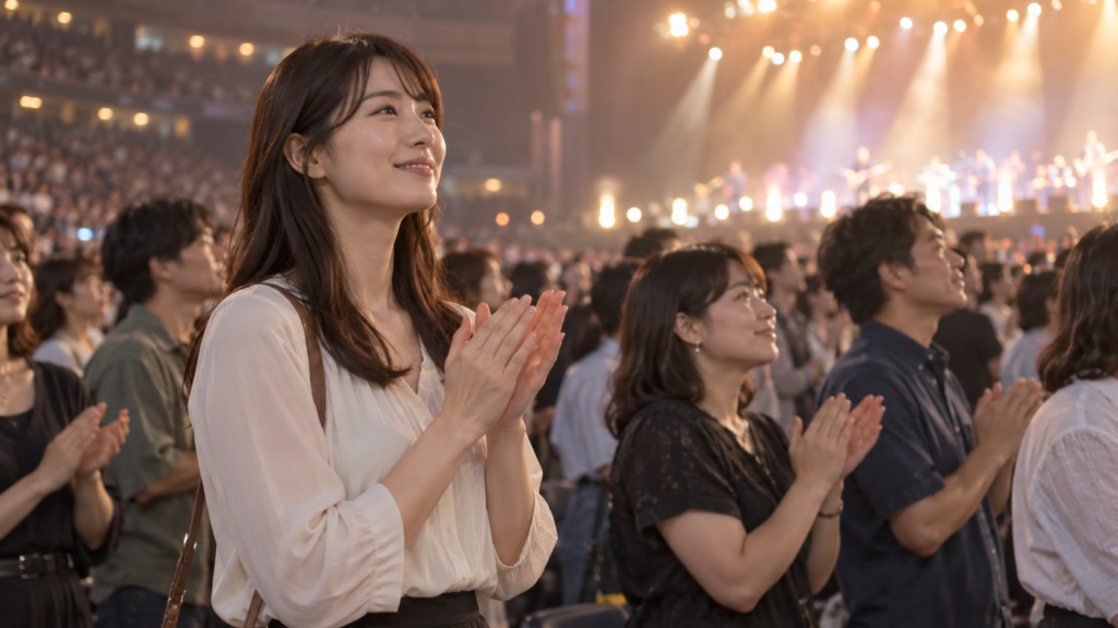 自分の位置で腕を広げずに拍手してライブを楽しむ女性