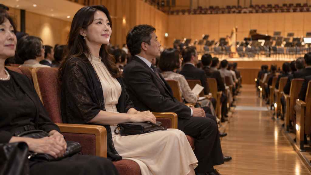 自分の指定席で荷物を収めて開演を待つ女性