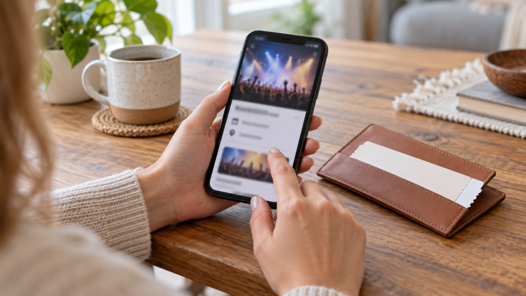 スマートフォンで公演案内を確認する手元とチケットケース