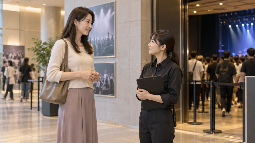 会場のロビーで困りごとをスタッフに相談する女性