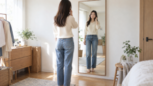 壁掛けの全身鏡で頭から足元まで確認する女性のイメージ