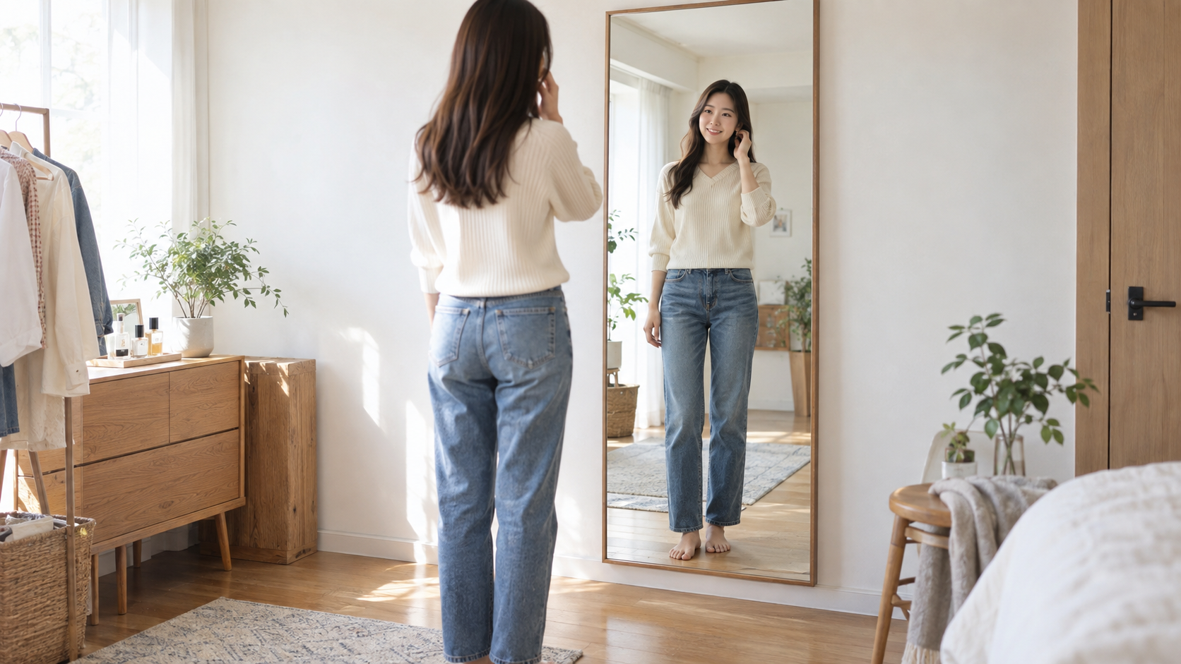 壁掛けの全身鏡で頭から足元まで確認する女性のイメージ
