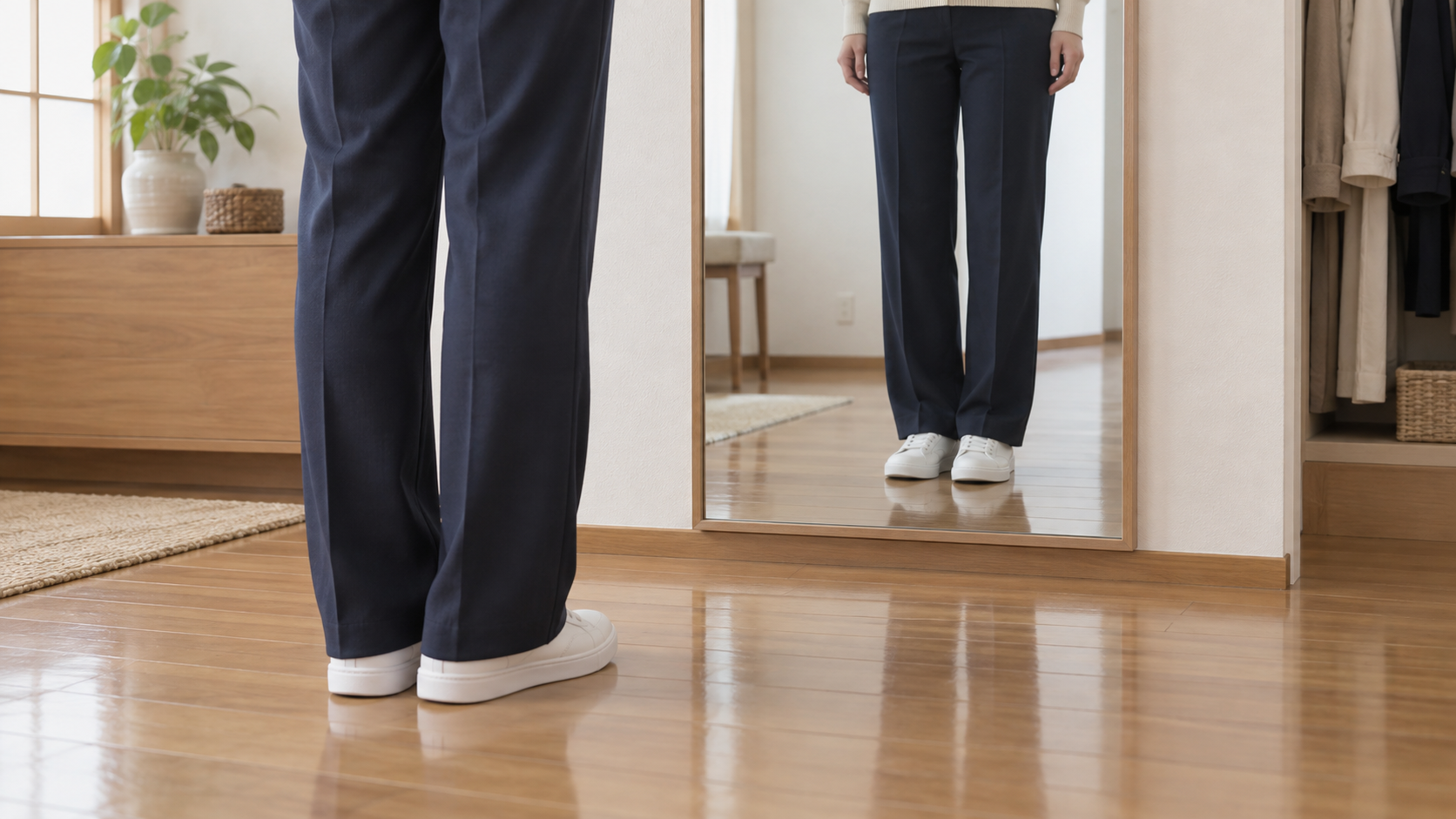 鏡でパンツの裾と靴先を一緒に確認するイメージ