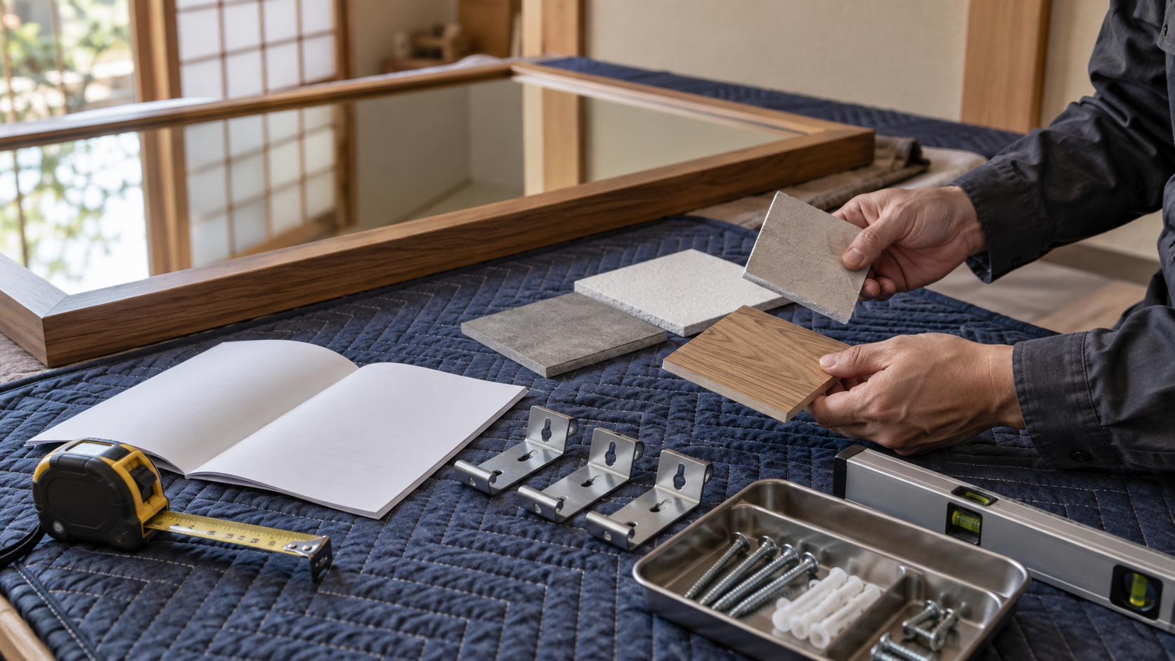 鏡の取り付け金具や壁材を確認する準備のイメージ