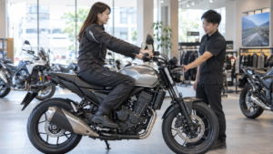 販売店でバイクにまたがり乗車姿勢を確かめる成人女性