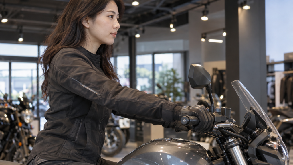 停車したバイクでハンドルへの届き方を確かめる成人女性
