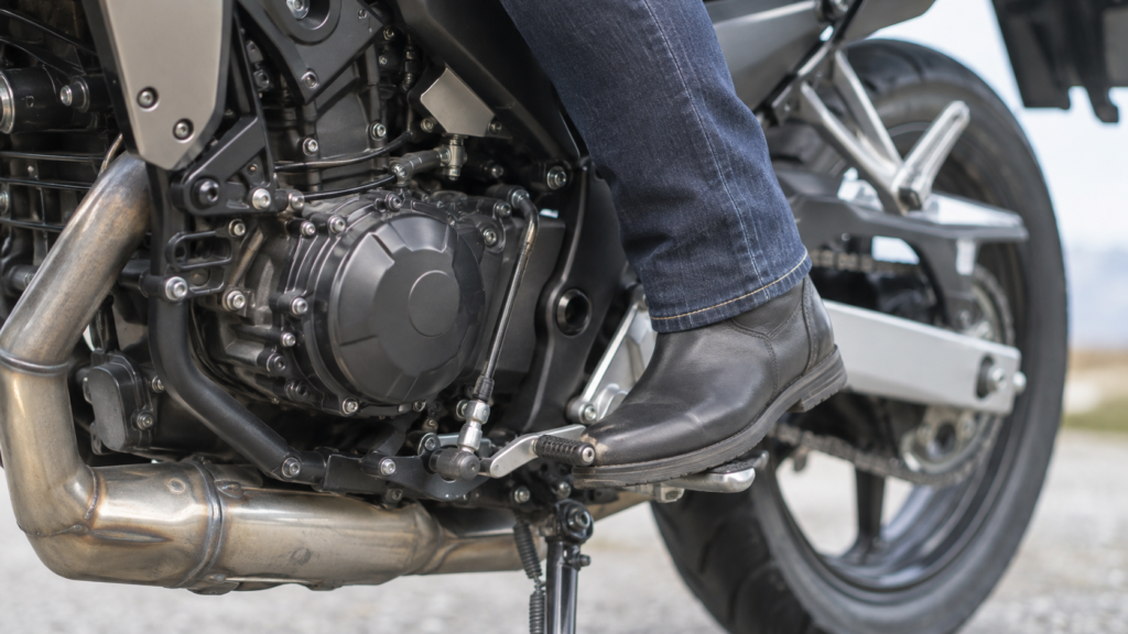 バイクのステップとシフトペダル周辺のブーツ