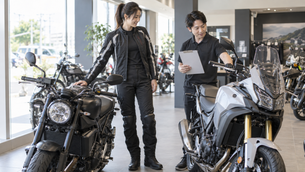 販売店で形の異なる二台のバイクを比較する成人女性と店員