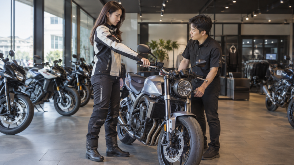 店員の補助を受けてバイクの横でハンドルを確認する成人女性
