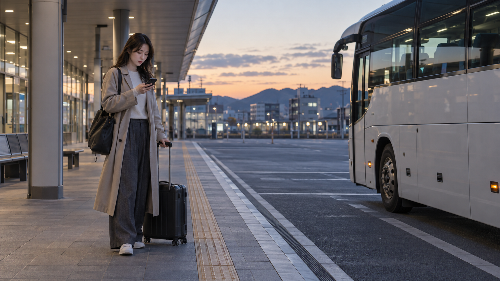 夕方のバスターミナルで行程を確認する高身長の女性