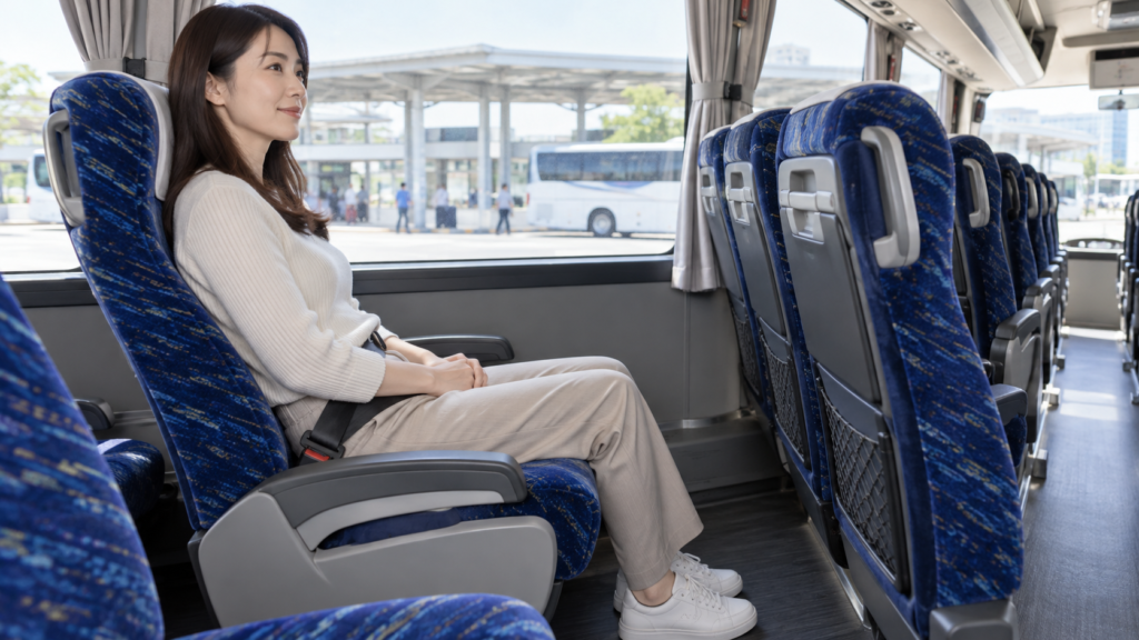 停車中のバスで膝前と足先の位置を確認する高身長の女性