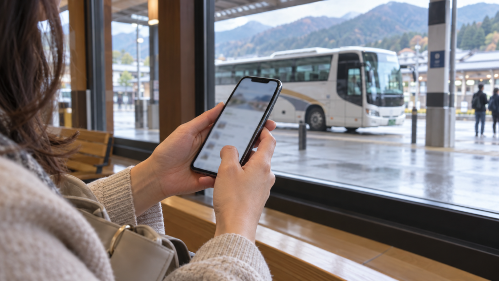 バスターミナルで座席指定の条件をスマートフォンで確認するイメージ