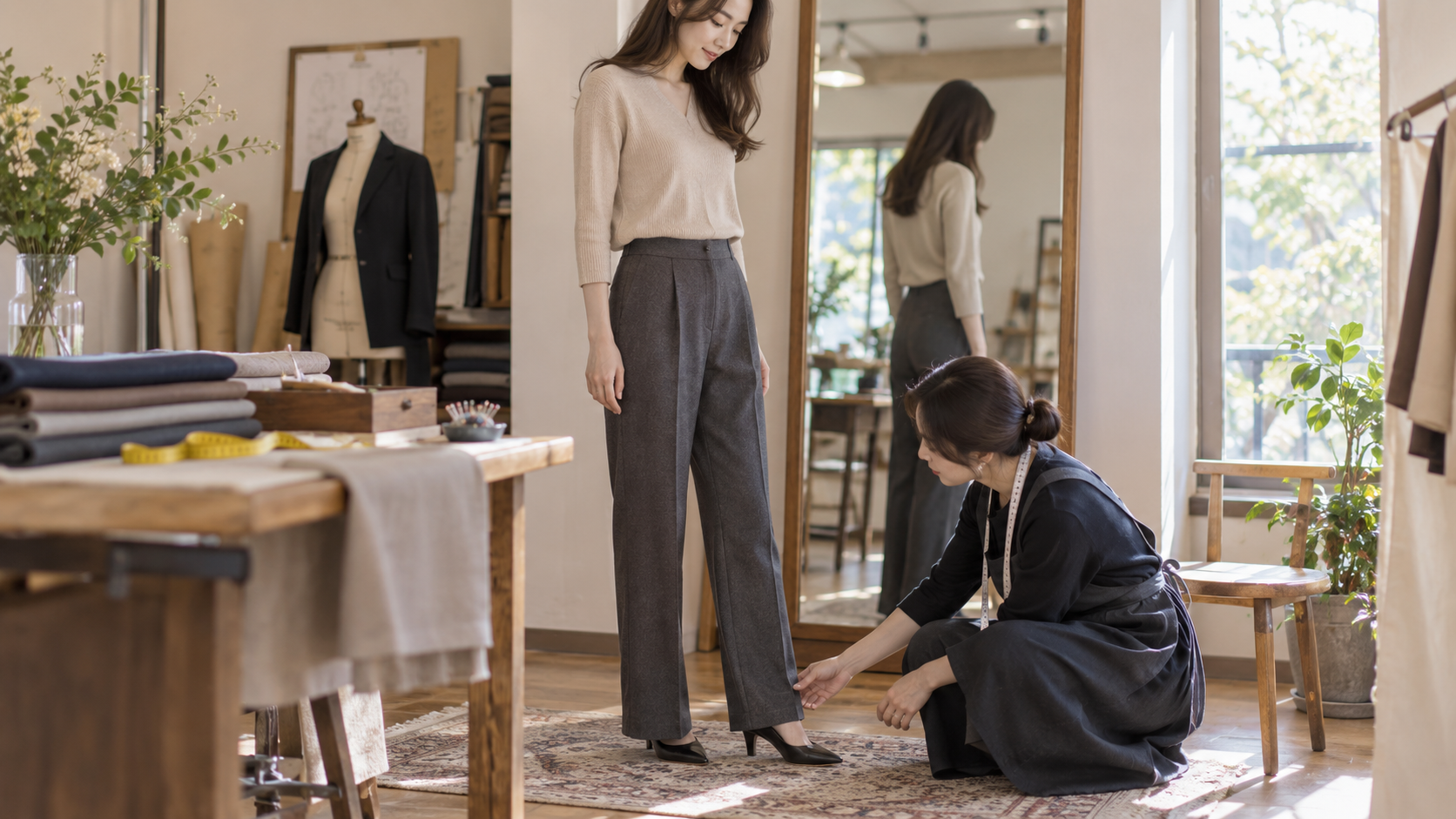 お直し店でパンツの裾丈を相談する女性のイメージ
