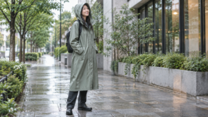 雨の日の街でロング丈のレインコートを着た女性
