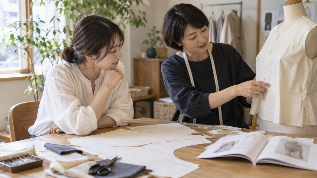 紙型と仮縫い試作品を並べて洋裁の相談をするイメージ
