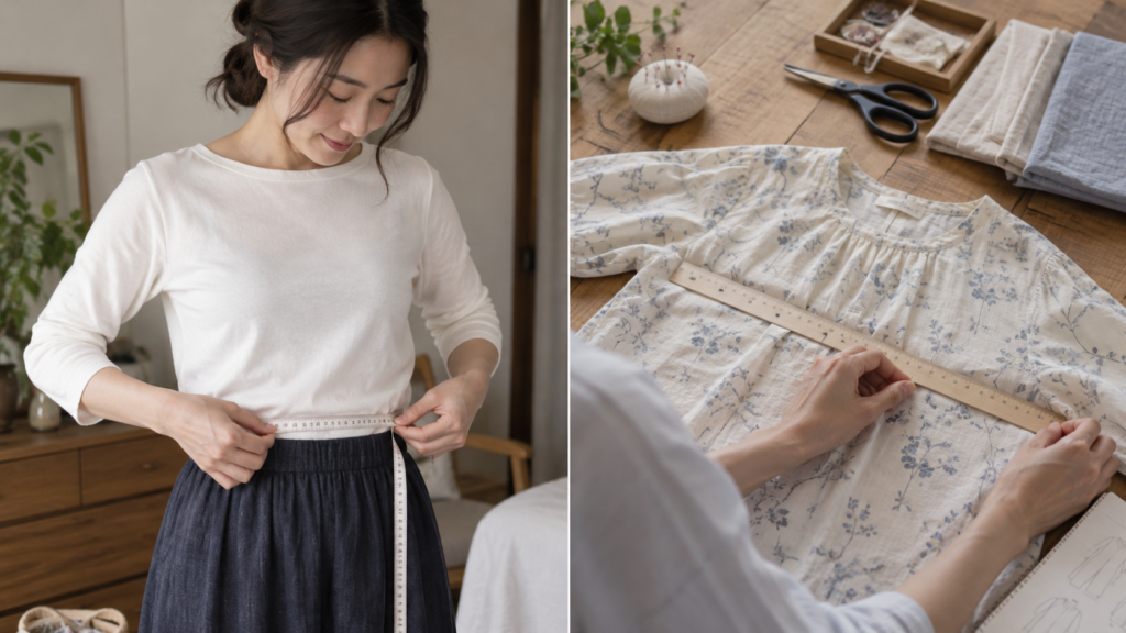 身体のウエストと平置きの服を別々に測るイメージ