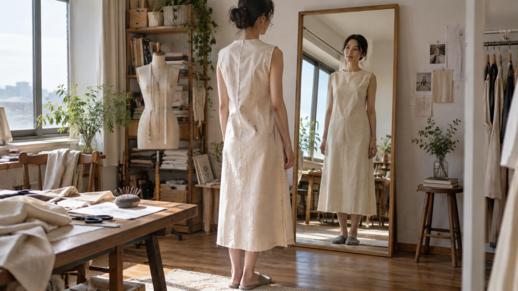 仮縫いのワンピースで丈と切替位置を確認するイメージ