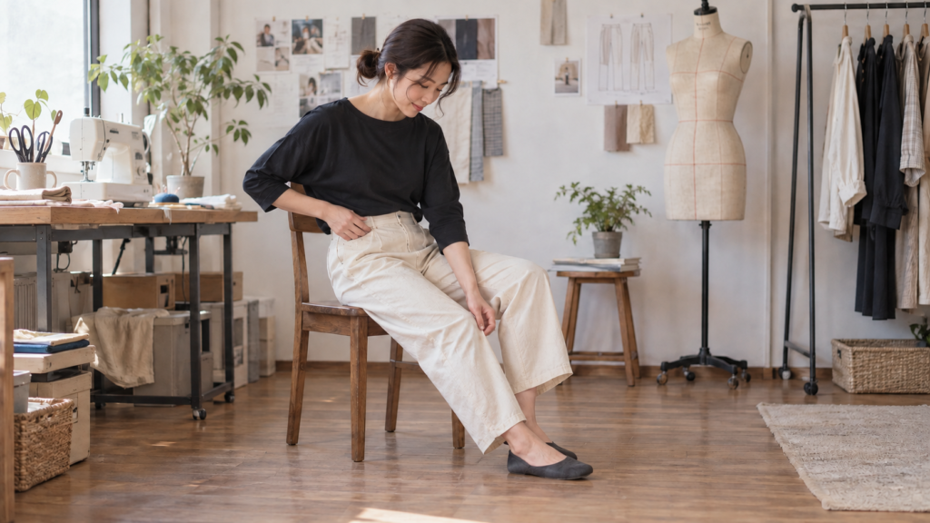 仮縫い用パンツを着て座ったときの状態を確認するイメージ