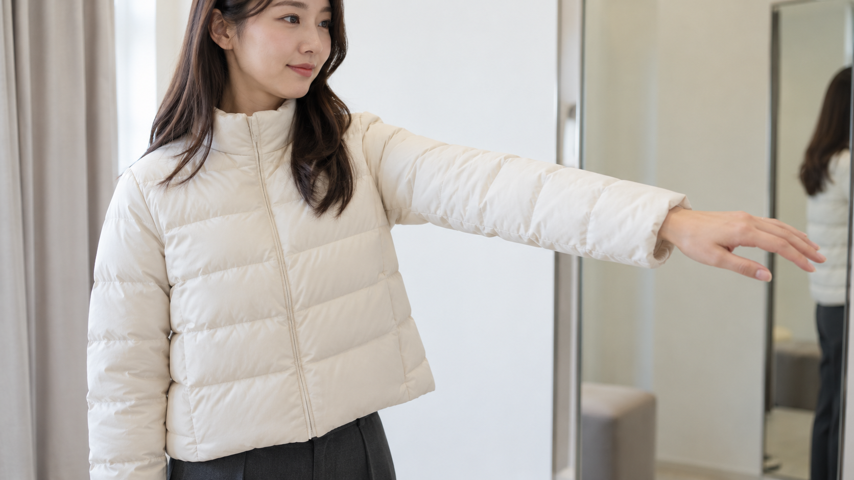 白いダウンを着た女性が片腕を前へ伸ばしたときの袖口の位置