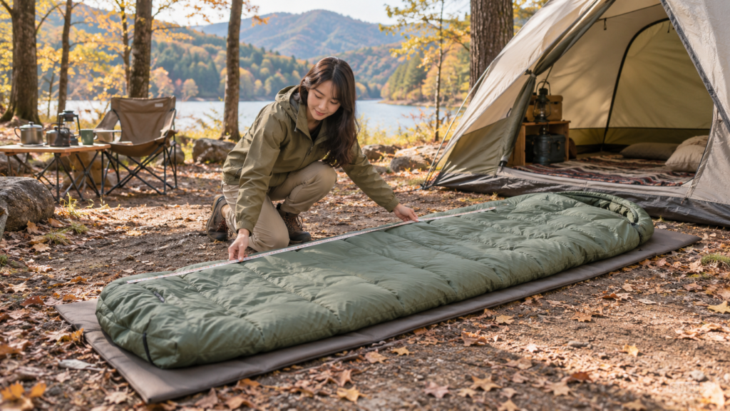 キャンプ場で寝袋の長さを確かめる女性のイメージ