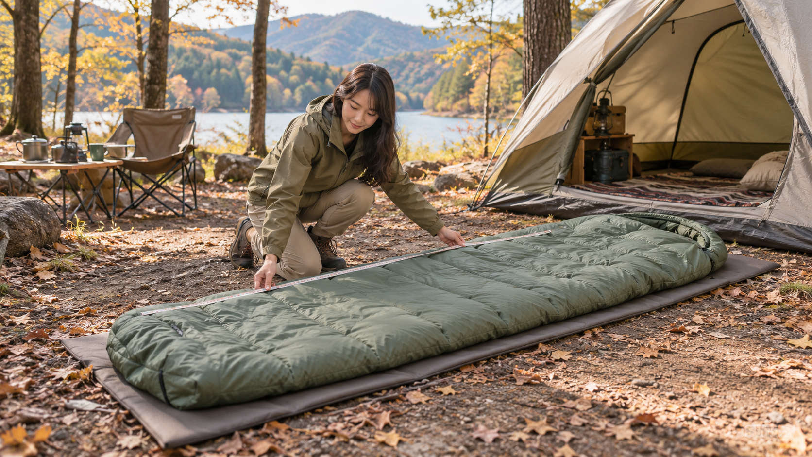 キャンプ場で寝袋の長さを確かめる女性のイメージ