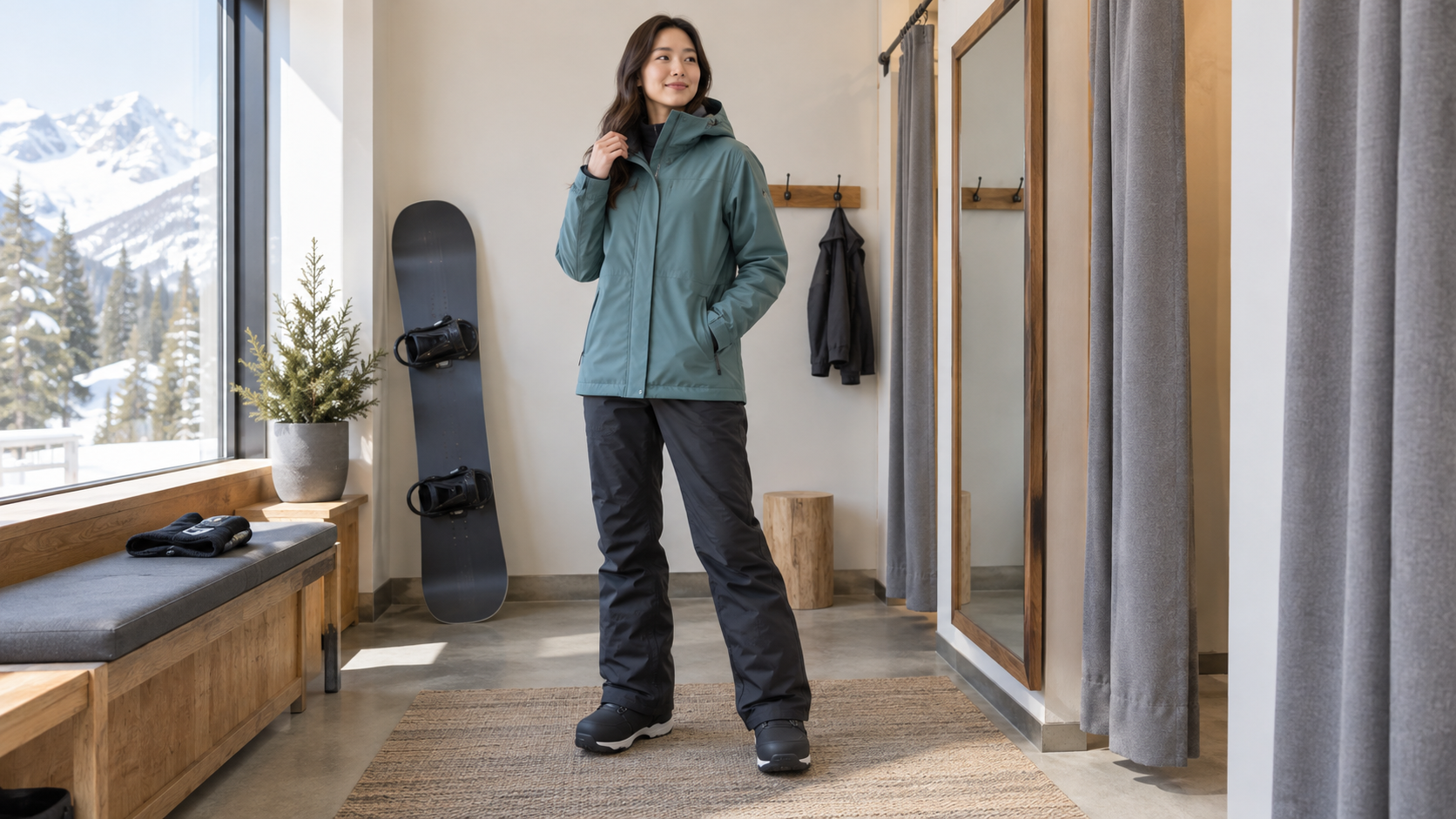 スノーボードウェアとブーツを合わせて立つ女性のイメージ