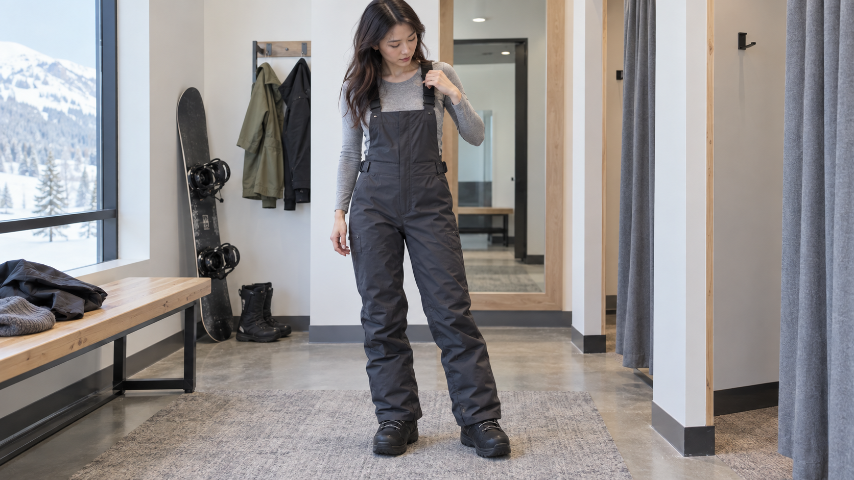 ビブパンツを着て肩ひもの位置を調整する女性のイメージ