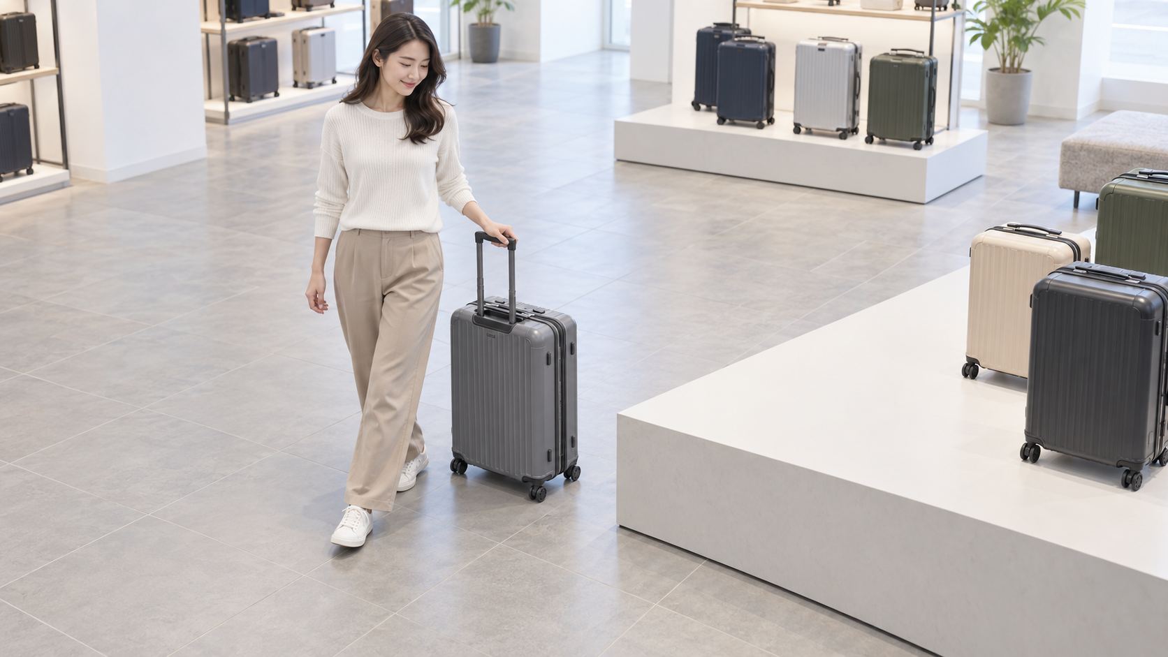 展示台の角を回りながらスーツケースを動かす女性