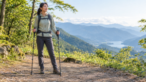 トレッキングポールを持って山道に立つ女性（AI生成イメージ）