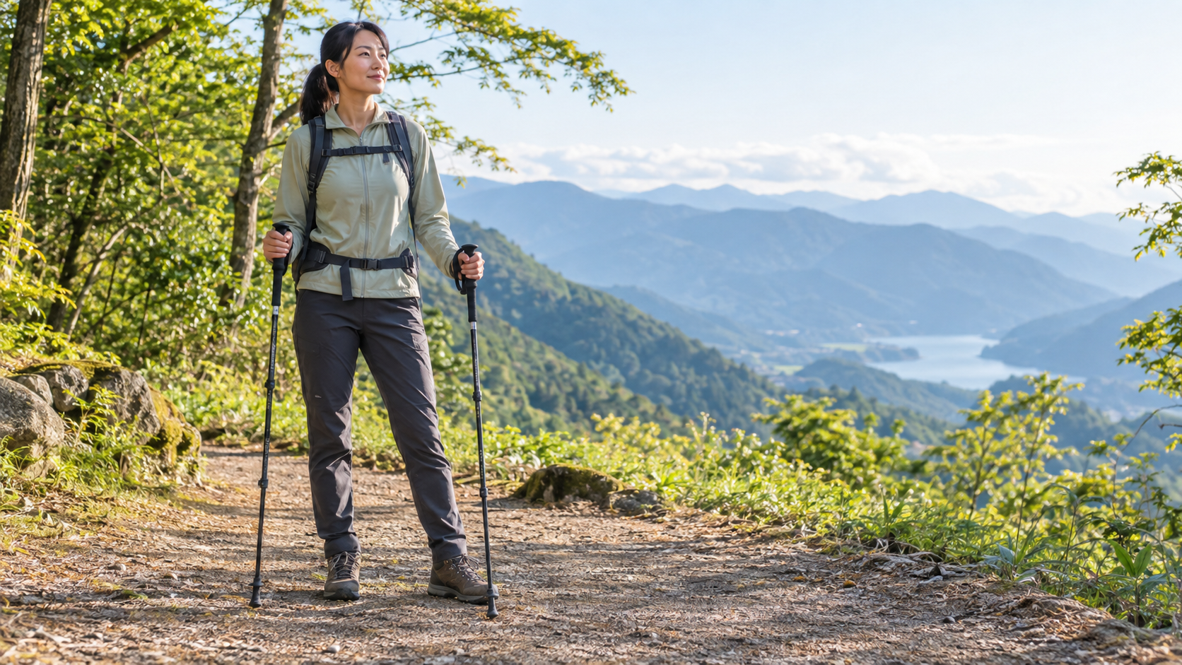 トレッキングポールを持って山道に立つ女性（AI生成イメージ）