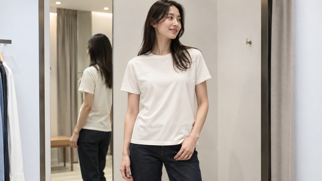 白いTシャツとデニムを着た女性の裾位置と肩の収まり