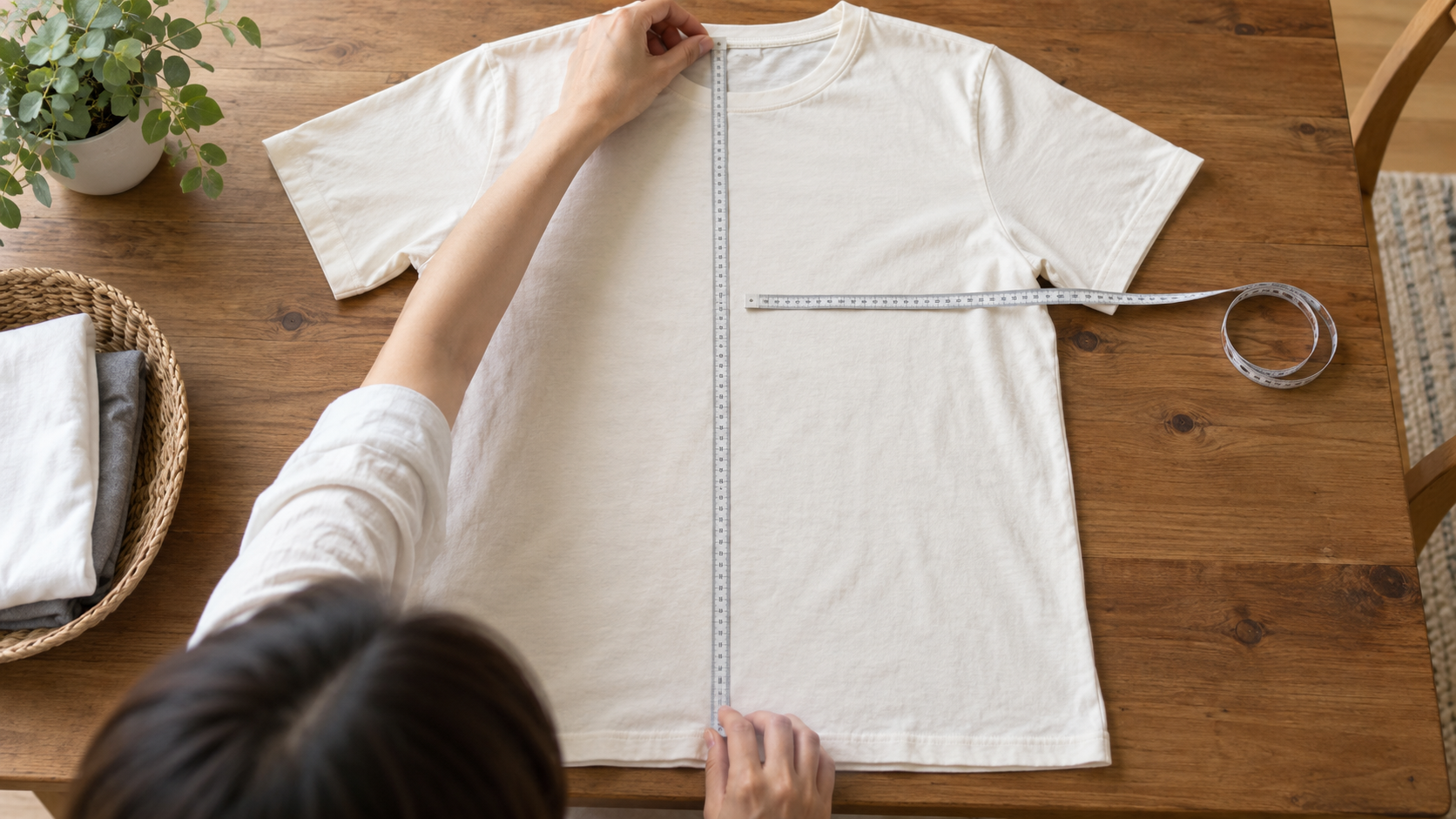 平置きしたTシャツにメジャーを沿わせて寸法を確認する様子