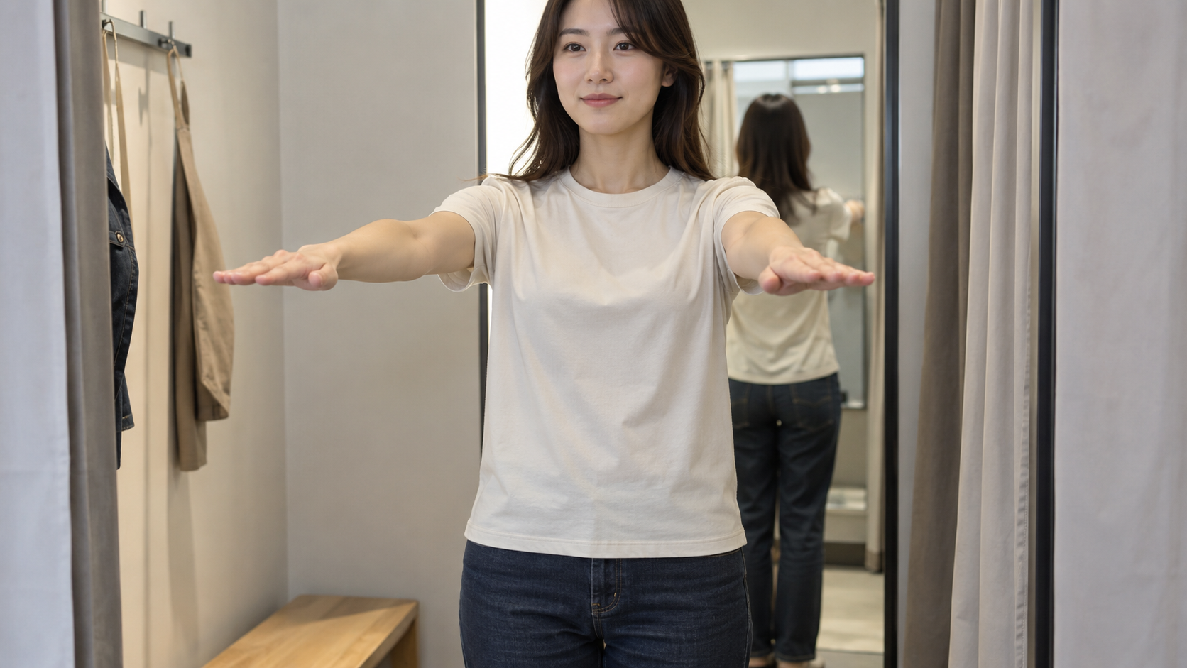 両腕を前へ伸ばしてTシャツの肩と裾を確かめる女性