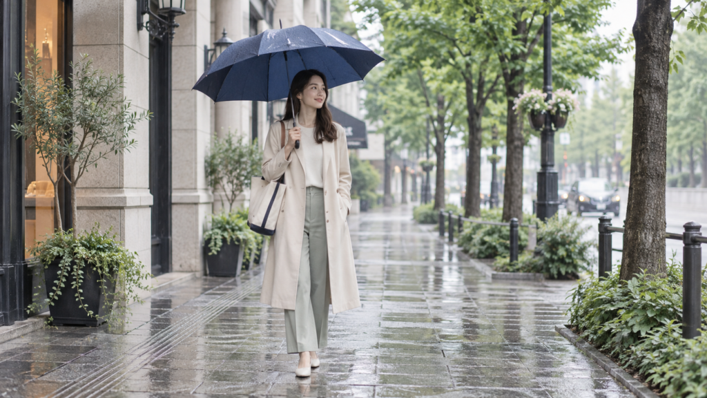 雨傘を差してトートバッグを肩に掛ける女性のイメージ