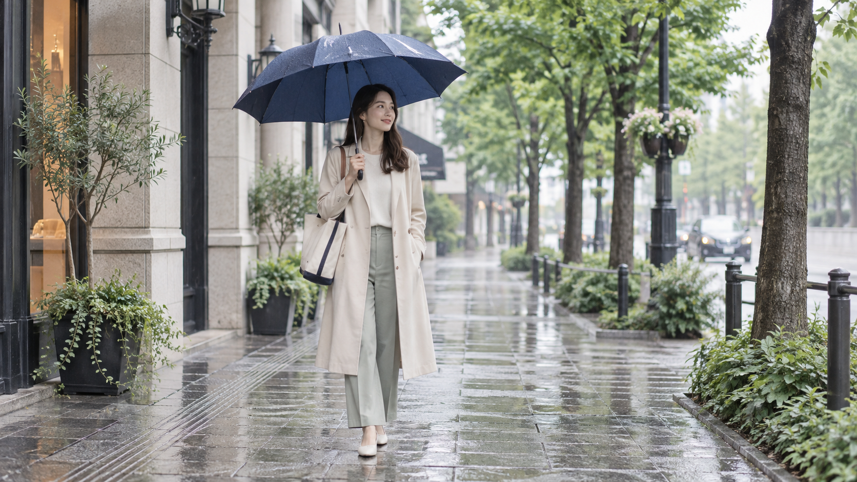 雨傘を差してトートバッグを肩に掛ける女性のイメージ